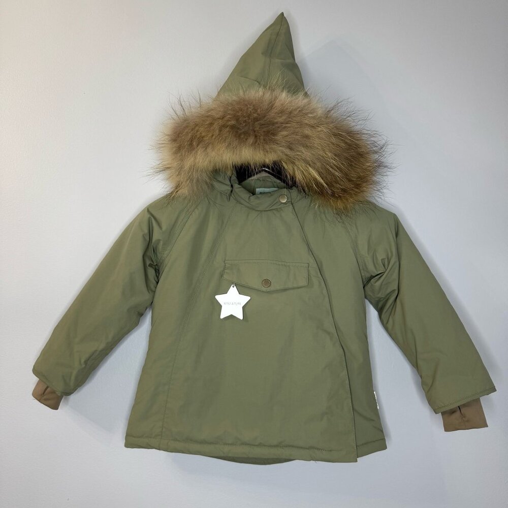 Mini A Ture Olive Green Puffer Jacket with Faux Fur Trim